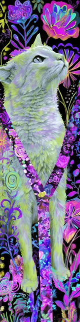 Free colorful bookmark showing a cat with purple accent artwork